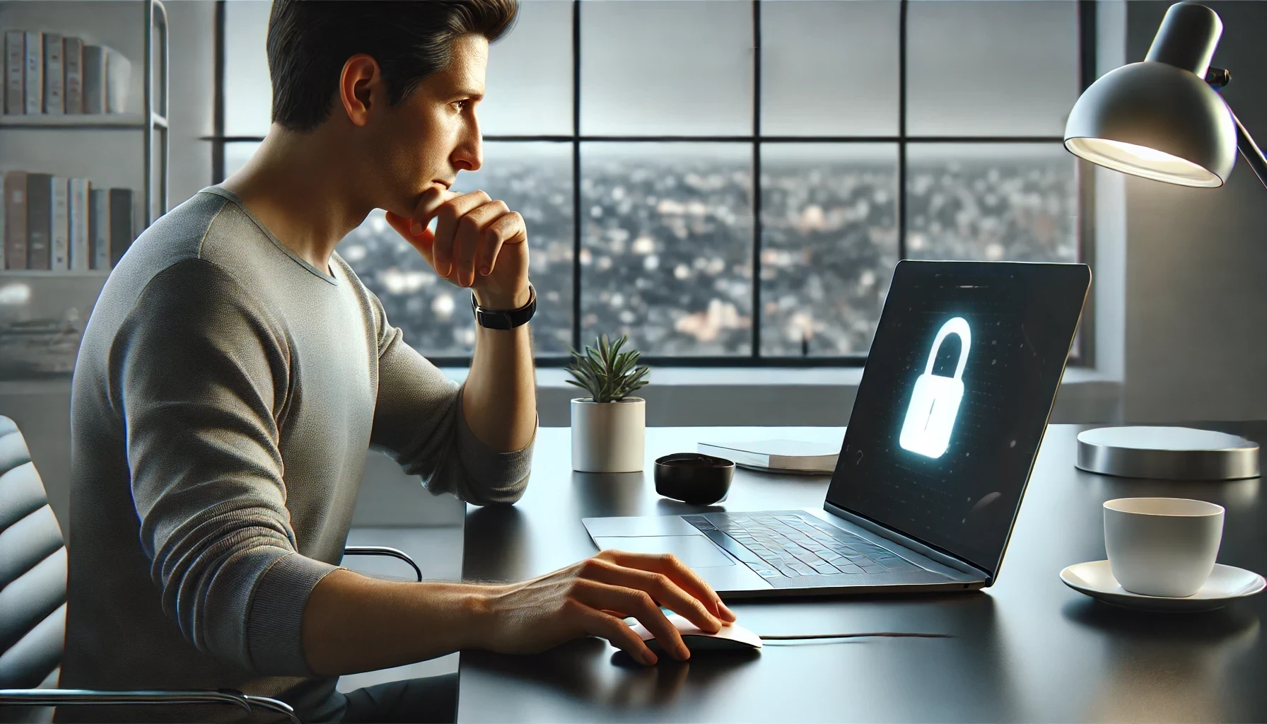 A man is sitting at a modern workspace with a laptop and the device is showing reliable privacy-related settings. 