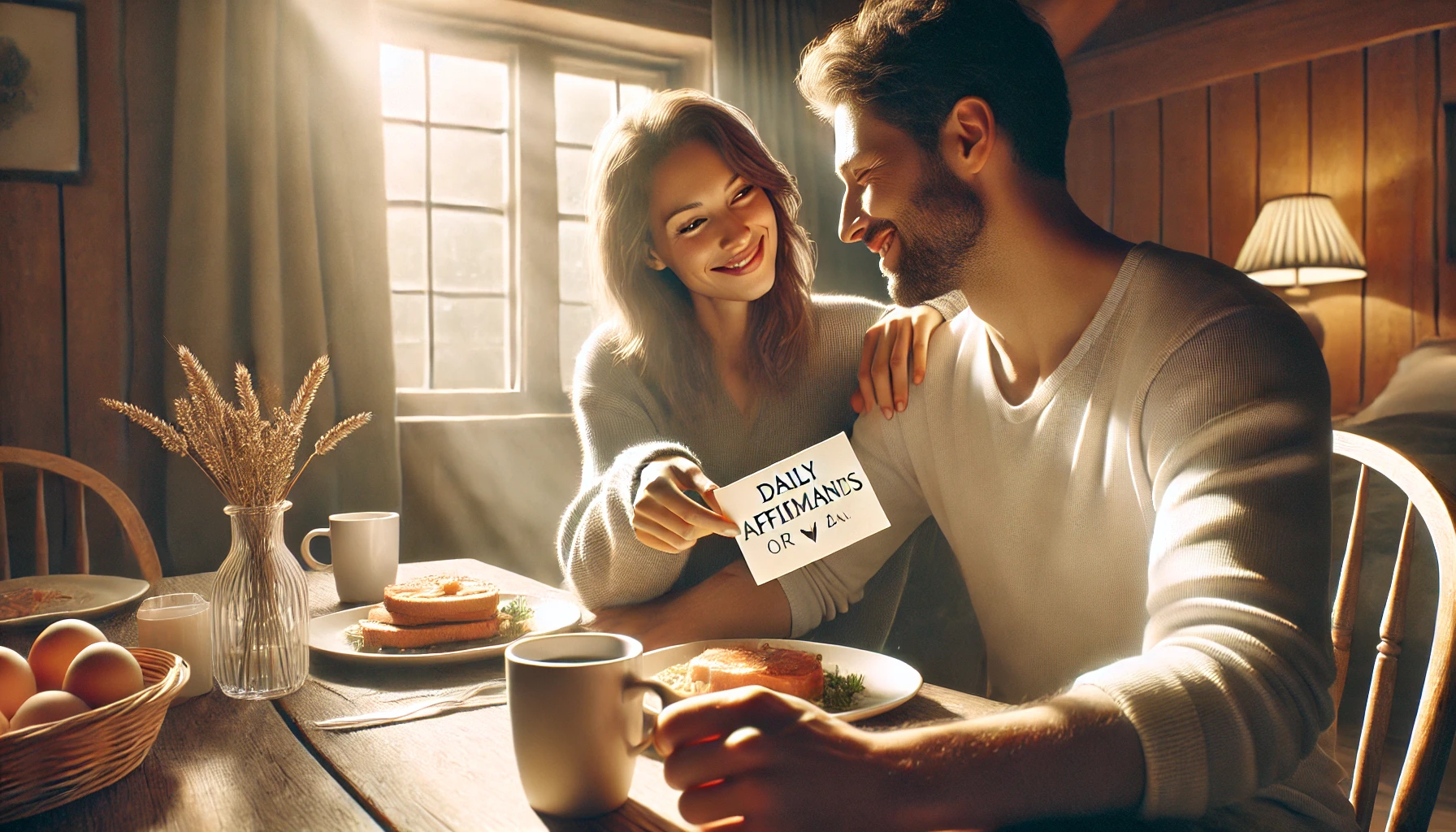 a couple sitting together at a table enjoying breakfast.