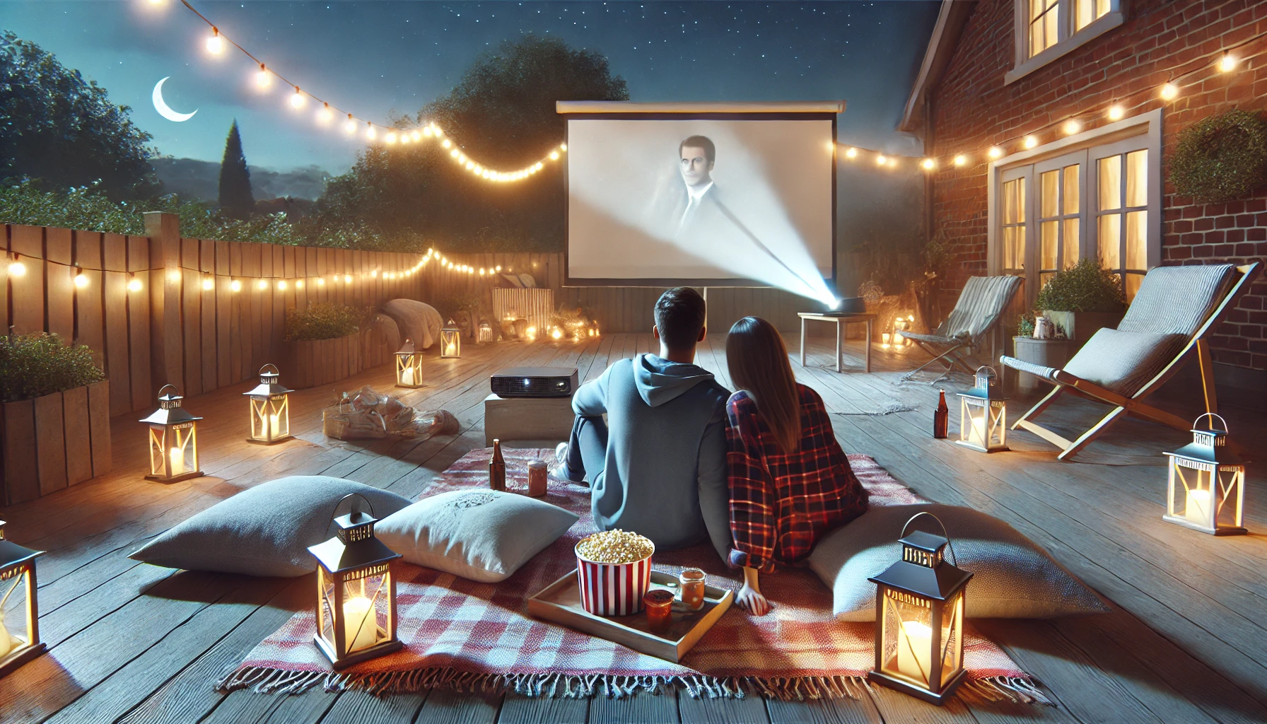 a couple enjoying an outdoor movie night in their backyard.