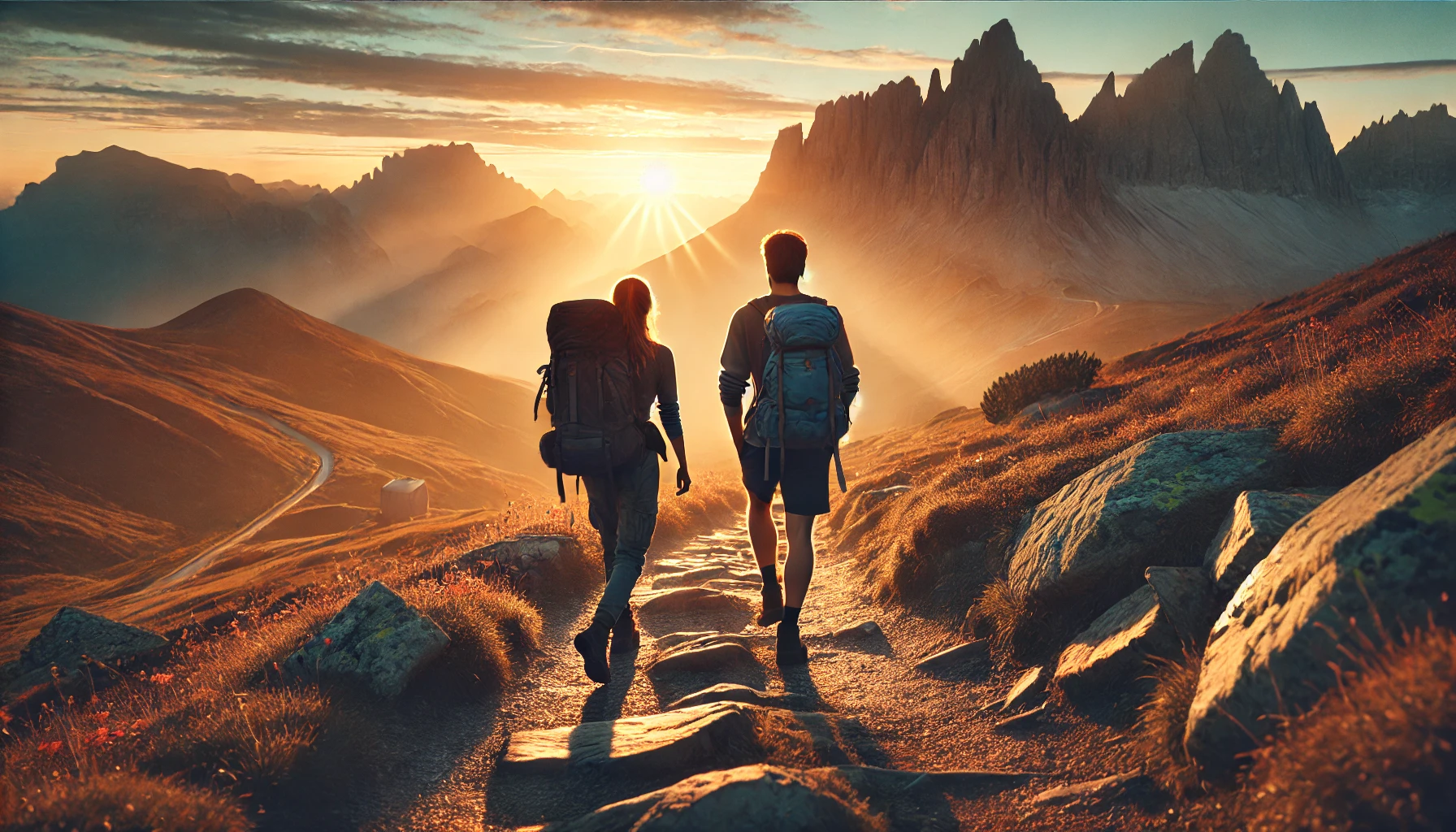 a couple hiking on a scenic mountain trail during sunset.