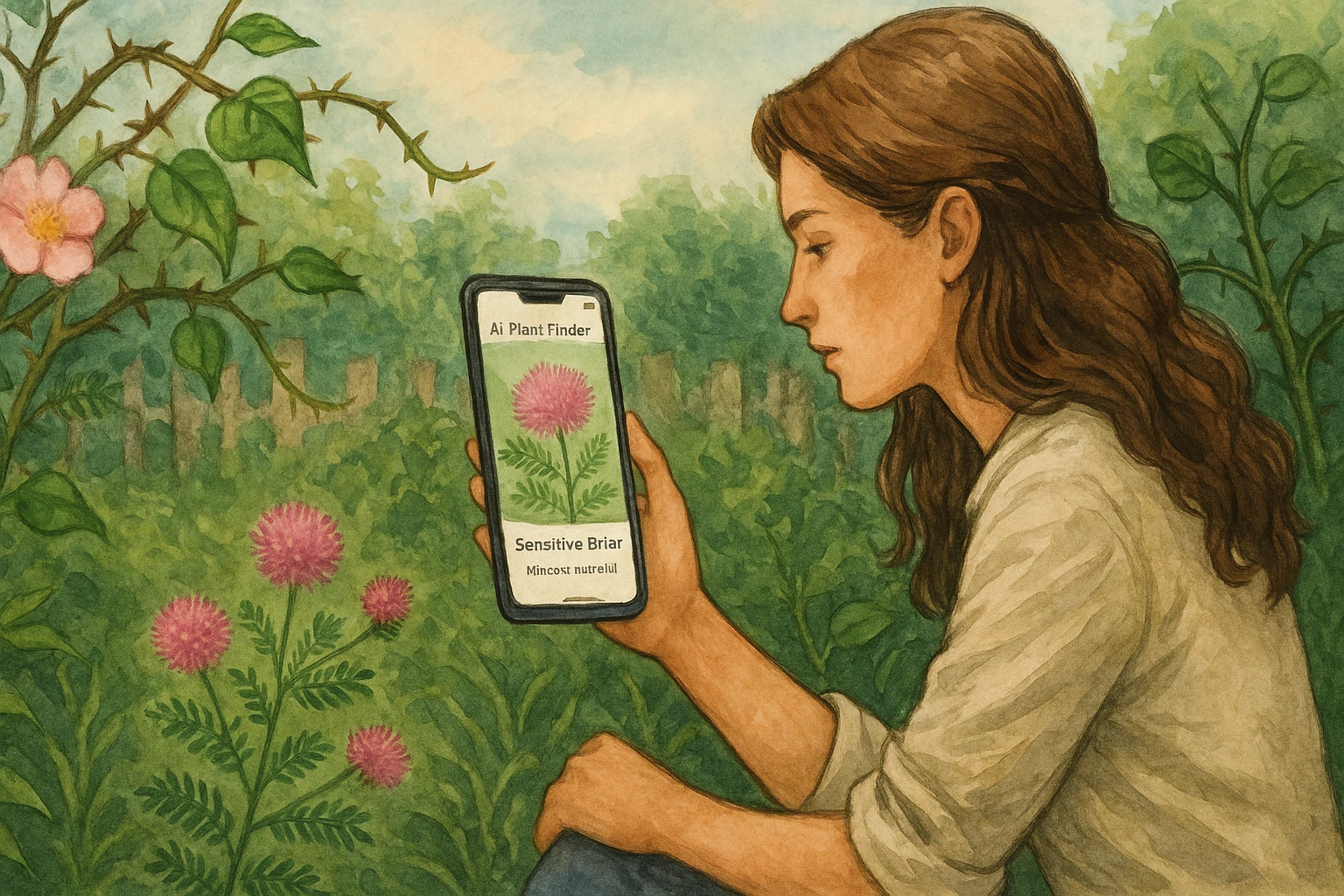 A woman identifies a plant via AI Plant Finder.