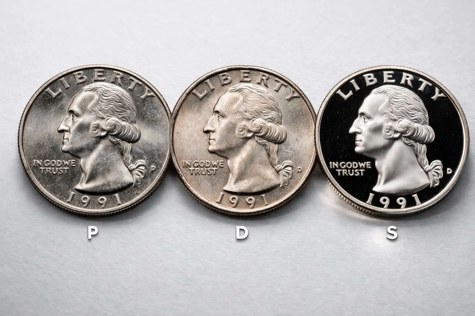 Three 1991 Washington quarter obverses aligned left to right: P, D, and S proof with mirrored fields.