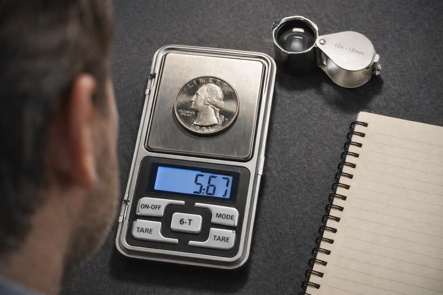 Collector weighing a 1991 Washington quarter on a digital scale showing 5.67 g, magnifier and notebook on desk.